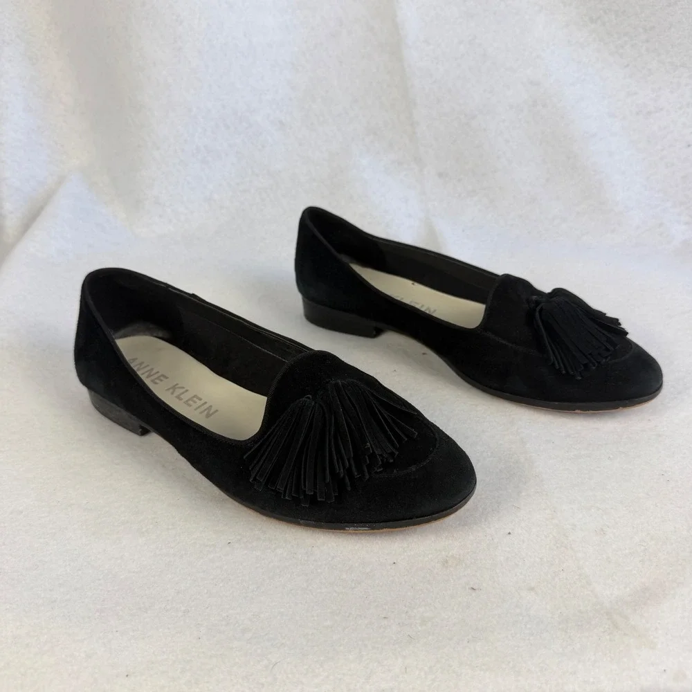 Anne Klein Darcy Black Suede Tassel Loafers Smoking Flats‎ Womens 9.5 Casual